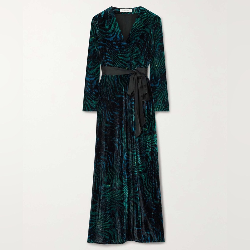Diane Von Furstenberg Green and Blue Velvet Wrap Maxi Dress